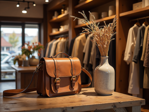 Fashion accessories collection including bags, scarves, belts, and jewelry arranged elegantly in boutique retail setting with warm lighting