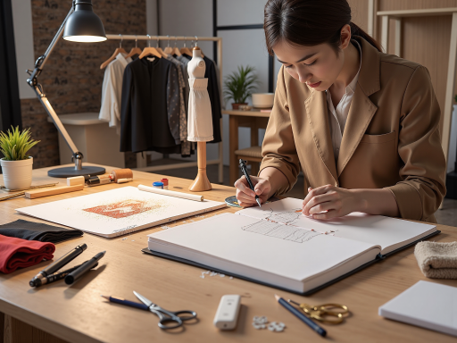 Custom design service showcase featuring personalized clothing creation process with designers working on sketches and fabric samples in creative studio environment